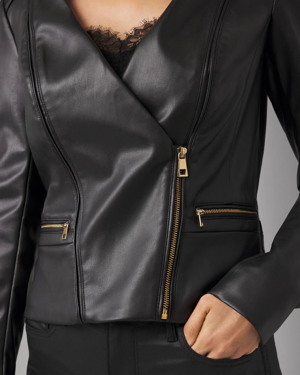 Women s Petite Faux Leather Moto Jacket in Black Size 10 White House Black Market Holiday Jackets